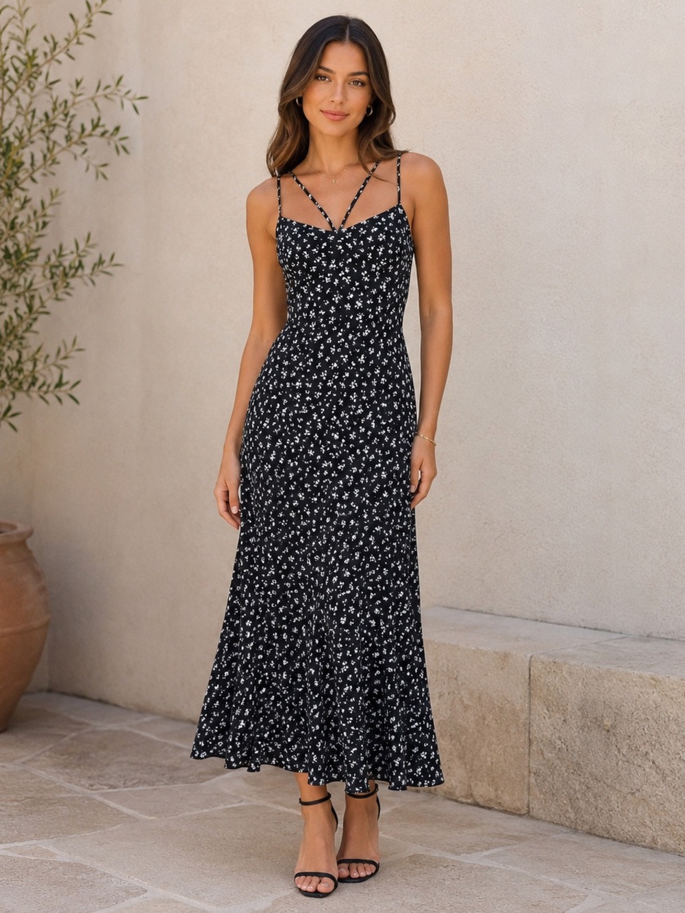 NWT | ZARA Black Floral Strappy Open Back Maxi Dress, Size XS